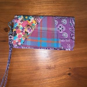 Purple patchwork wristlet wallet